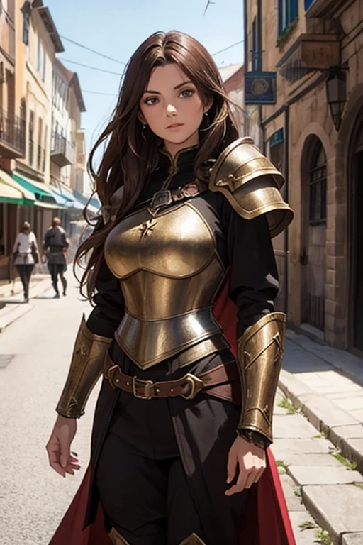 medieval fantasy setting, medieval city, female human race thief, Mediterranean features, brown hair wearing black armor