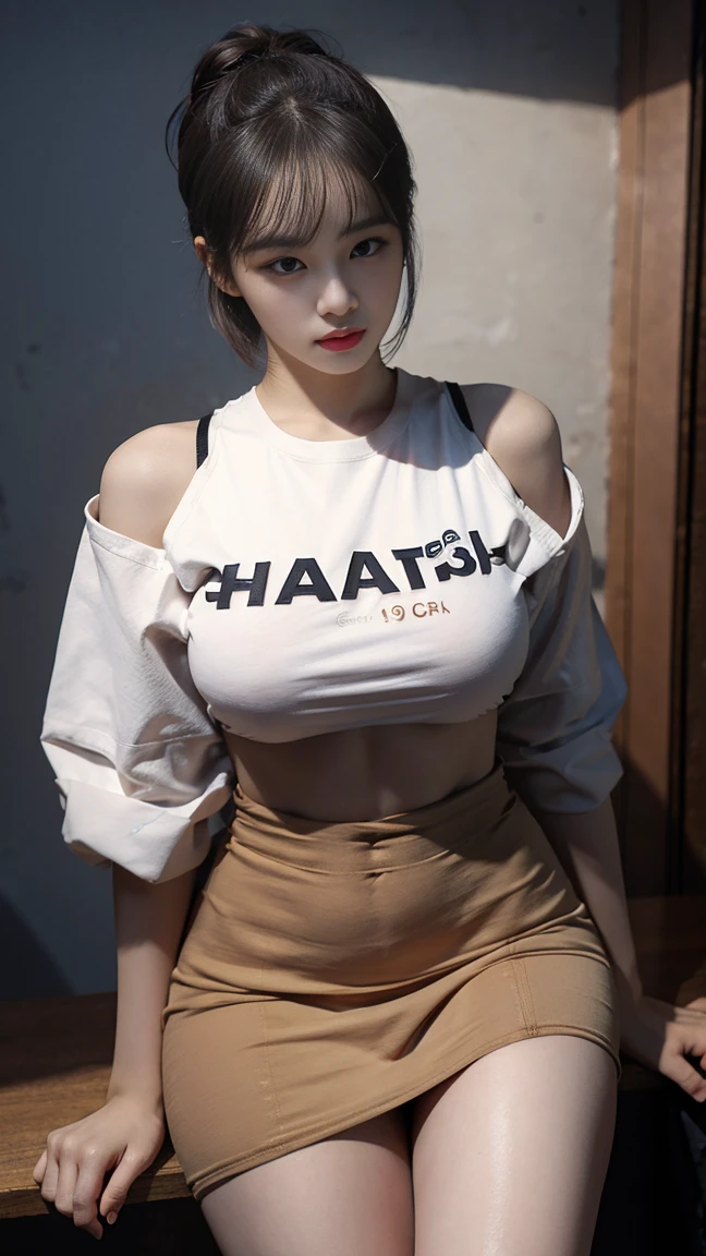 8k RAW photos, high resolution, 19 years old Korean with round breasts, , Well-trained abs, Cropped T-shirt, skirt, Beautiful eye details, Long eyelashes, Beautiful double eyelids, Eyeshadow, Narrow your eyes, Elongate the shape of the eyes, Three white eyes, Dark eye makeup, Smile, beautiful thin legs, short hair, Hair tied at the back, earrings, Light brown hair,breast groin exposed，Very fat，Very fat，Fat should be highlighted