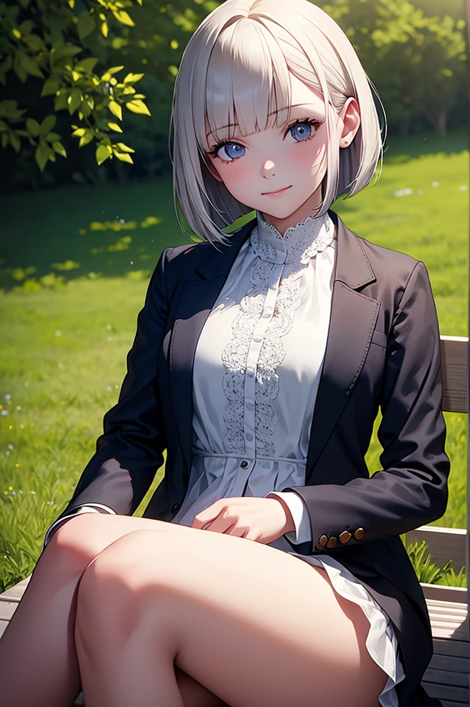sunny day, graceful photo of a girl in a Blazer Dress, (puffy eyes:1.05), (white lace shirt), platinum brown hair, (angled bob:1.4), flat bangs, (flowing hair), smile slightly, happy, happiness, high detailed skin, skin pores, stunning innocent symmetry face, long eyelashes, black eyeliner, light golden eyeshadow,(sitting down on the banch), crossed_legs, emotional, wind, park, trees, grass, masterpiece, best quality, photorealistic,