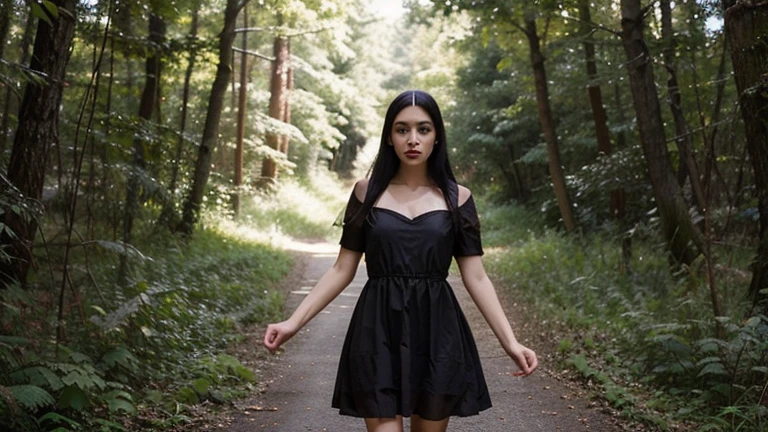 provide a photo of a beautiful white woman with black hair dressed in a red dress in the middle of a surrealistic forest