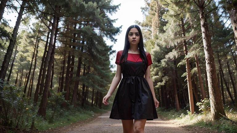 provide a photo of a beautiful white woman with black hair dressed in a red dress in the middle of a surrealistic forest