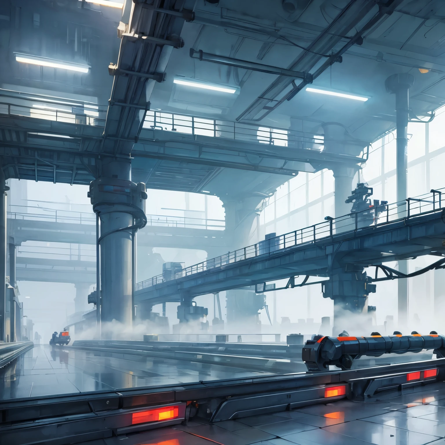 pixel art, robot pipeline, robotic arms, framework, pipeline, robotic arm ensembling robots, factory indoor, ink, low contrast, vast, mist, low saturation, abstract, watercolor, giant conveyor belt, ((2d)), levels,
