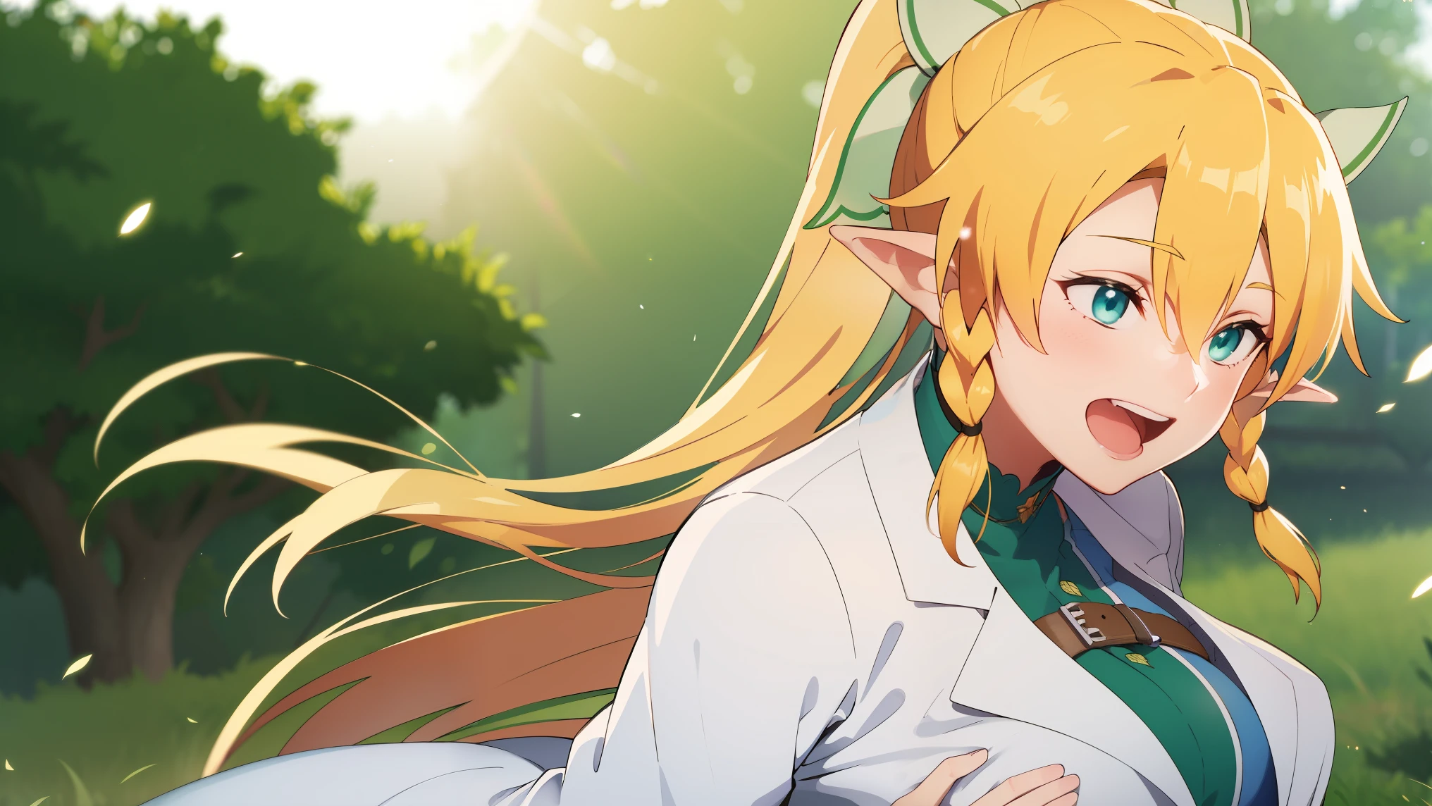 (((leafa))), blonde hair, long hair, green eyes, pointy ears,twin braids, hair between eyes,ponytail, very long hair,side braid, 
BREAK (labcoat, shirt, green skirt, belt:1.2)
BREAK upper body, (huge Laughing:1.1), (open mouth:1.1), closed eyes, sun glare, bokeh, depth of field, blurry background, light particles,
BREAK (masterpiece:1.2), best quality, high resolution, unity 8k wallpaper, (illustration:0.8), (beautiful detailed eyes:1.6), extremely detailed face, perfect lighting, extremely detailed CG, (perfect hands, perfect anatomy),