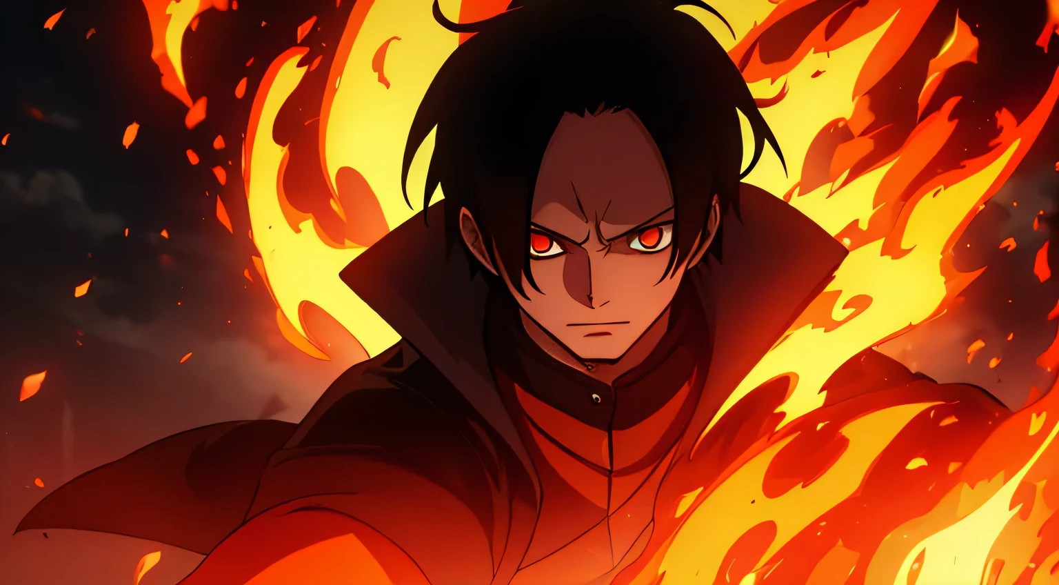 one man, wearing a black overcoat with orange tones, long black hair tied up, orange eyes, ,dark skinned fire