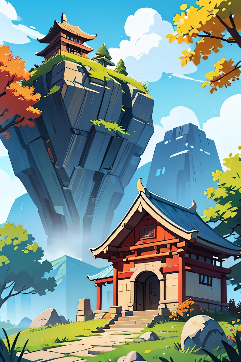 Draw a cartoon，Background contains blue sky、White Cloud、Trees、sun、Mountain、Stone、Fall、Ancient Chinese Building