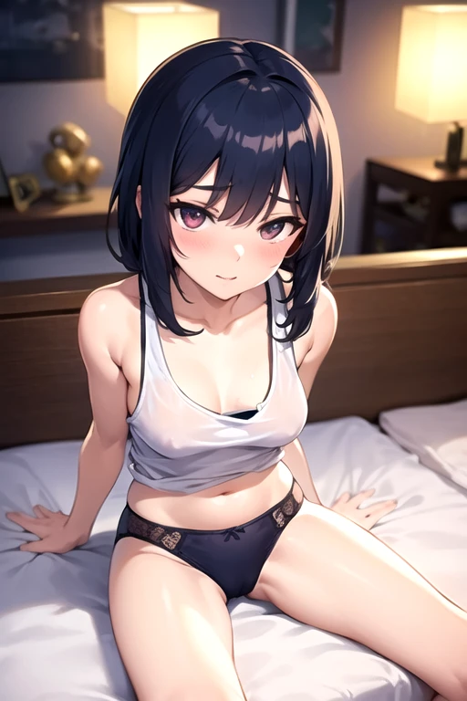 Sexy anime girl on the bed with her legs spread on the bed wiith a really thin butterfly panties and a tank top on with no bra on under sitting down 