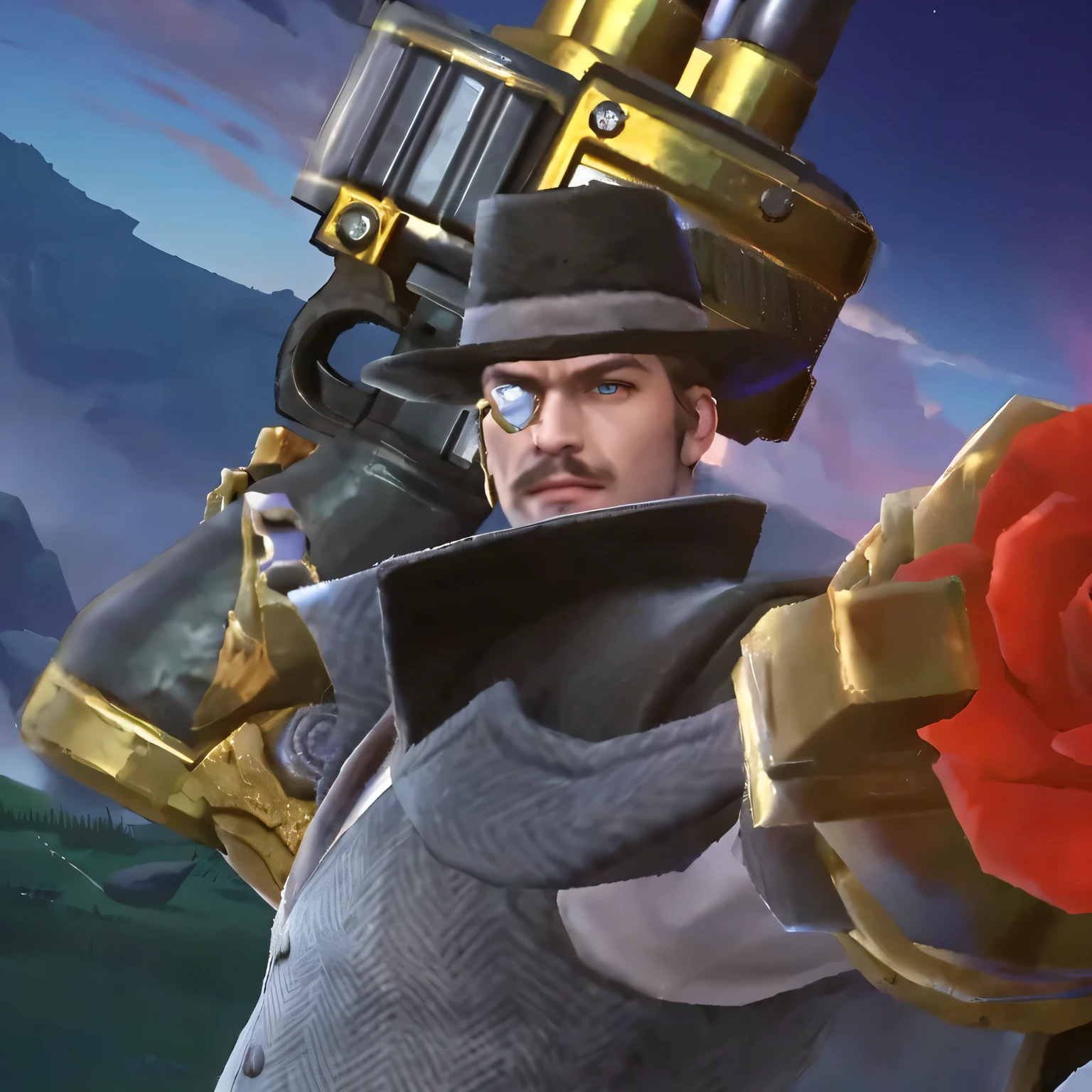 there is a man with a gun and a rose in his hand, inspired by Max Magnus Norman, barret frymire, expert shading, main character, jotaro, thertrevkaiser, ferdinand knab background, winston from overwatch, official splash art, highley detailled face, dorian cleavanger, roguish smirk