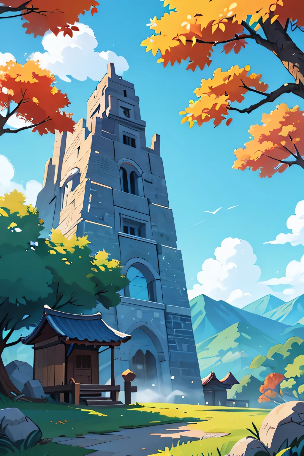 Draw a cartoon,Background contains blue sky、White Cloud、Trees、sun、Mountain、Stone、Fall、Ancient Chinese Building