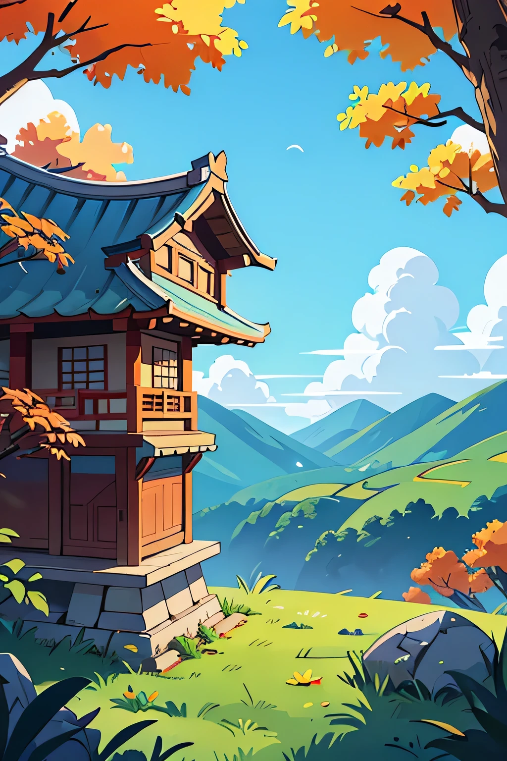 Draw a cartoon,Background contains blue sky、White Cloud、Trees、sun、Mountain、Stone、Fall、Ancient Chinese Building