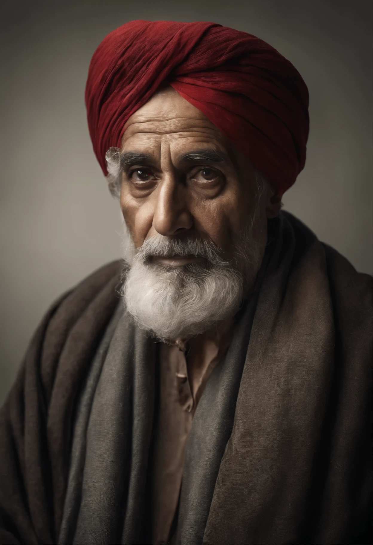 (best quality, 4k,8k, high, masterpiece: 1.2), highly detailed, (realistic, photorealistic, photo-realistic: 1.37), old man, white turban, black background, direct gaze, handsome, wise, wrinkles, hair gray hair, beard, sharp eyes, characterful face, sharp focus, sharp contrast, dramatic lighting, portrait