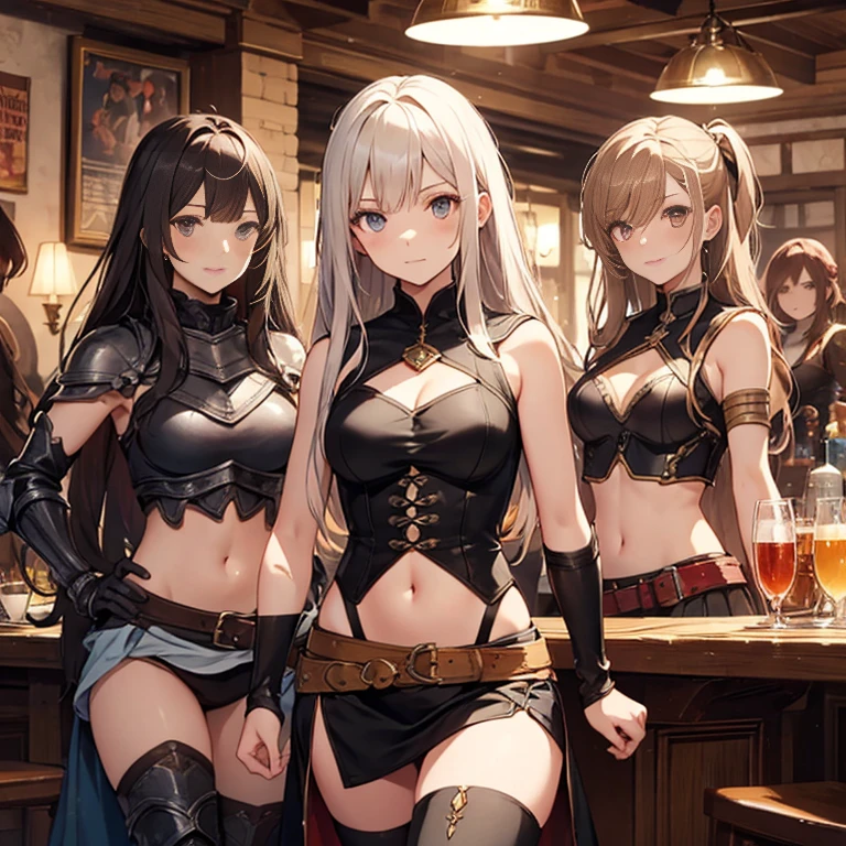 A group of female medieval fantasy adventurers, (in tavern), various hair styles, harem, night, details face, short skirt, seducing, sleeveless, armor, midriff