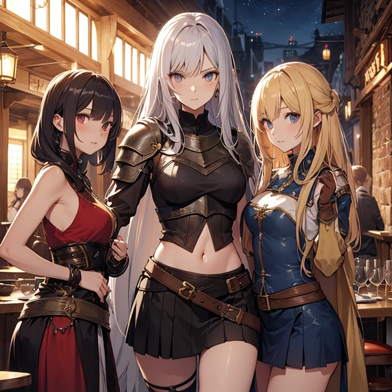 A group of  female medieval fantasy adventurers, (in tavern), various hair styles, harem, night, details face, short skirt, seducing, sleeveless, armor, midriff 