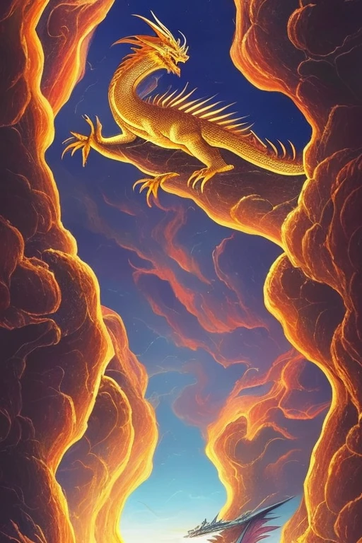 So sublime and divine々A beautiful golden dragon coiled up in the center of the screen, glaring at the camera.。金色のThe dragon is幸せをもたらす神なのでとても有難い存在である。The surrounding area is a canyon where no one can get close, and lightning is flashing in the background.、The sun is shining brightly。The dragon is、I want a realistic image。A man standing at the bottom of the canyon is worshipping the dragon with gratitude.。