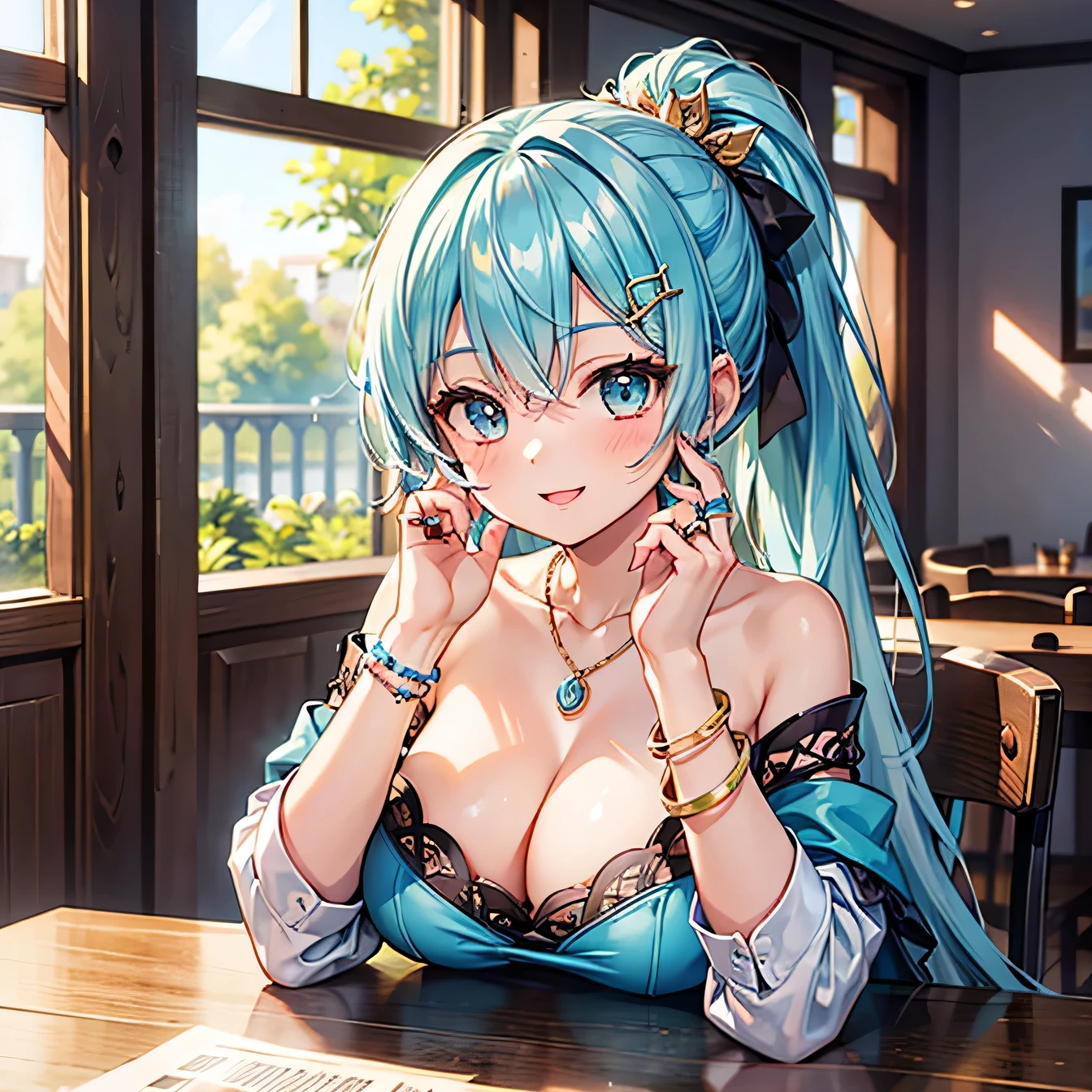 Anime Moe Art Style,highest quality,High resolution,Anatomically correct,One Girl,-teegirl with light blue hair in a ponytail,Super detailed,Fantasy World,Off-the-shoulder tops,mini skirt,Big Breasts,A rich expression,A big smile,Resting her breasts on the table,Hands clapping together,Eyes drawn in detail,hair ornaments,necklace,bracelet,ring,8K