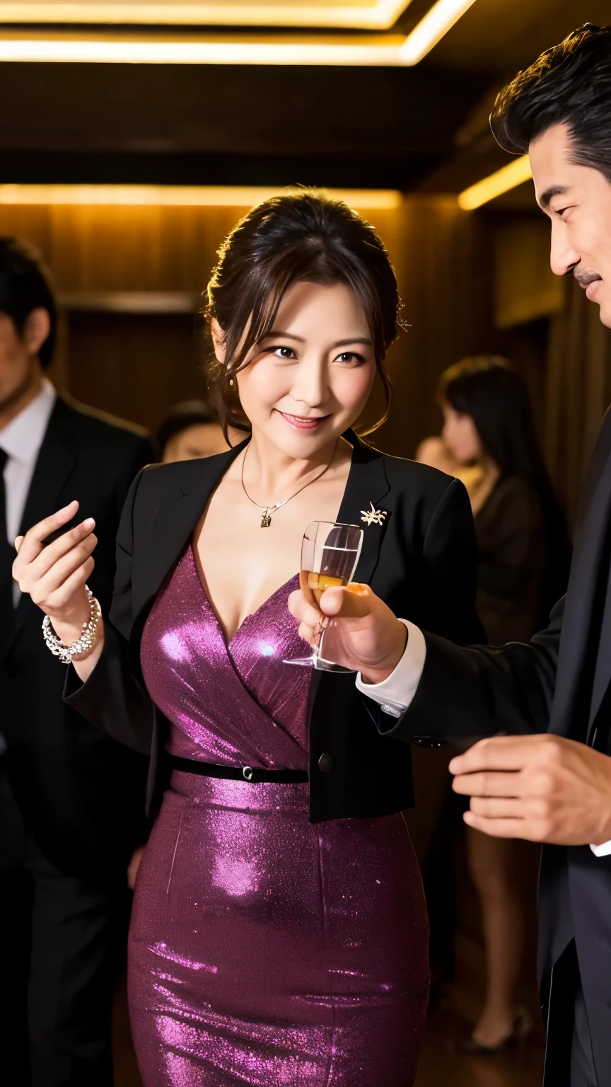 Japanese,Inside the nightclub、Japanese２５Full body picture of an old woman, Gracious hostess、The male customer４０age、In a suit、Men and women gazing at each other、Dancing in a nightclub、

