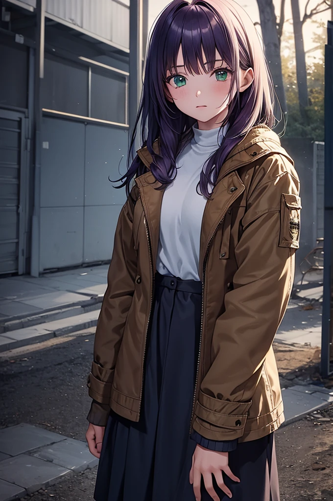 Girl in combenison, Chernobyl exclusion zone, S.T.A.L.K.E.R, purple hair, green eyes, scar above her left eyebrow, unarmed, five fingers on her left hand, five fingers on her right hand, sad.