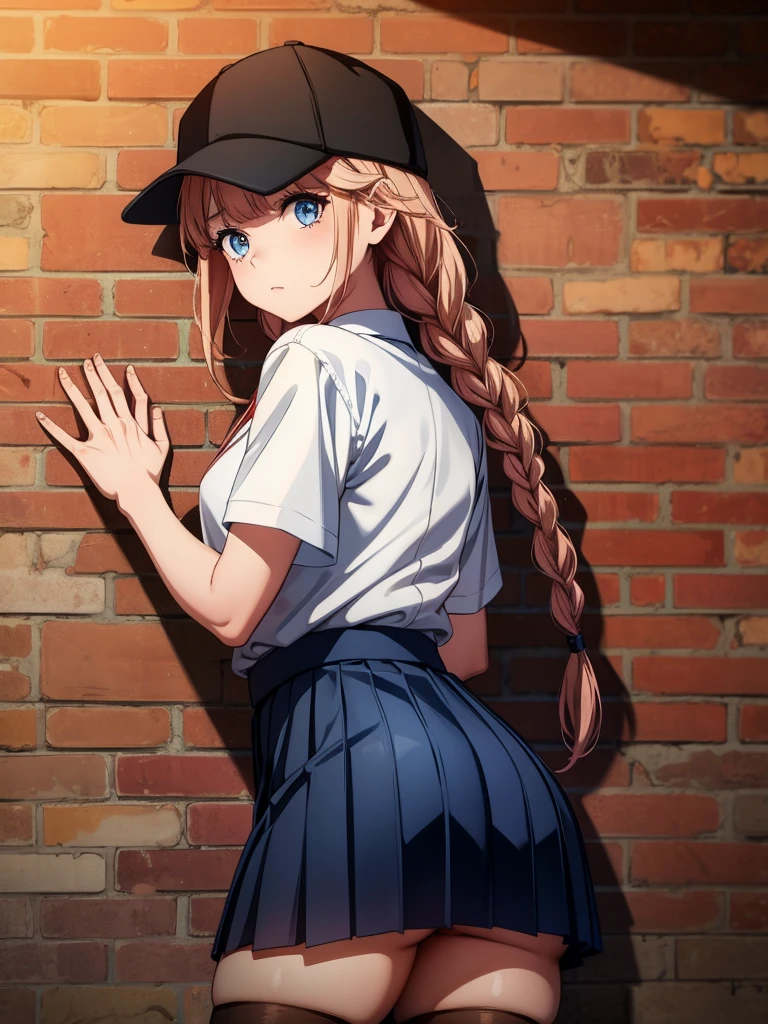 a beautiful woman wearing a hat and skirt posing in front of a brick wall covered with writing on it, 1girl, ass, solo, skirt, hat, thighhighs, braid, against wall, looking at viewer, blue eyes, twin braids, shirt, long hair, no panties, baseball cap, looking back, bangs, short sleeves, pleated skirt, jewelry, graffiti