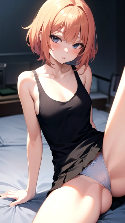 Sexy anime girl on the bed with her legs spread on the bed wiith a really thin almost transparent panties with a mini skirt on and a really small tank top on with no bra with very big  in a seductive pose