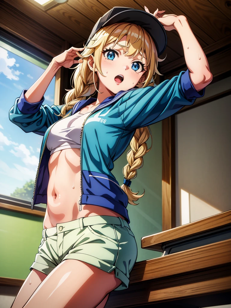 a girl in a green cap standing in between chairs looking at the camera, 1girl, breasts, shorts, solo, navel, blue eyes, long hair, braid, indoors, baseball cap, jacket, hat, classroom, open clothes, twin braids, looking at viewer, green jacket, short shorts, arms up, open mouth, open jacket, desk, stomach, sweat, medium breasts, school desk, white shorts, bangs,Eiko Tsukimi, blue eyes, braid, twin braid,blonde hair,baseball cap,chichibukuro