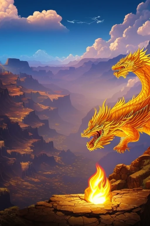So sublime and divine々A beautiful golden dragon coiled up in the center of the screen, glaring at the camera.。金色のThe dragon is幸せをもたらす神なのでとても有難い存在である。The surrounding area is a canyon where no one can get close, and lightning is flashing in the background.、The sun is shining brightly。The dragon is、I want a realistic image。A man standing at the bottom of the canyon is worshipping the dragon with gratitude.。