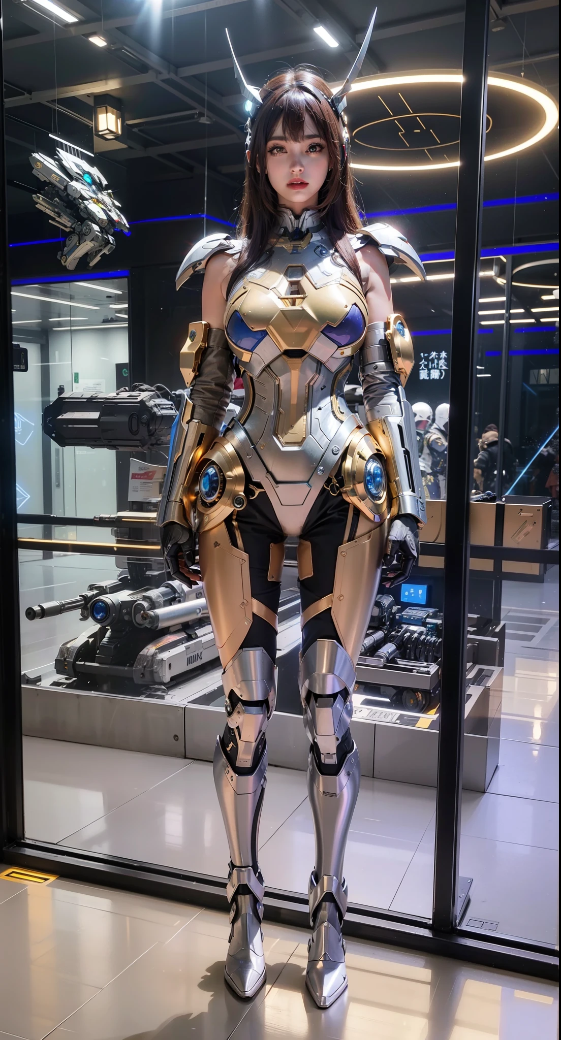 best quality,Gold Jewelry,Fairy Skin,(every time :1.2),eternal,Super detailed,Practical,high quality,Lighting,Ray tracing,Ultra HD,Upper part of the body, Future Iron Man Mech，Filming，Battery，Transmitter，Large caliber artillery，Roseland 8k，Mech Cyber Armored Vehicle Girl,Wearing a cyberpunk endurance helmet，Wearing a glowing space helmet，High-tech motorcycle helmets，There is a breathing light on the body，The armor of the future shines，Armed electromagnetic gun，Mecha style，glowing sash