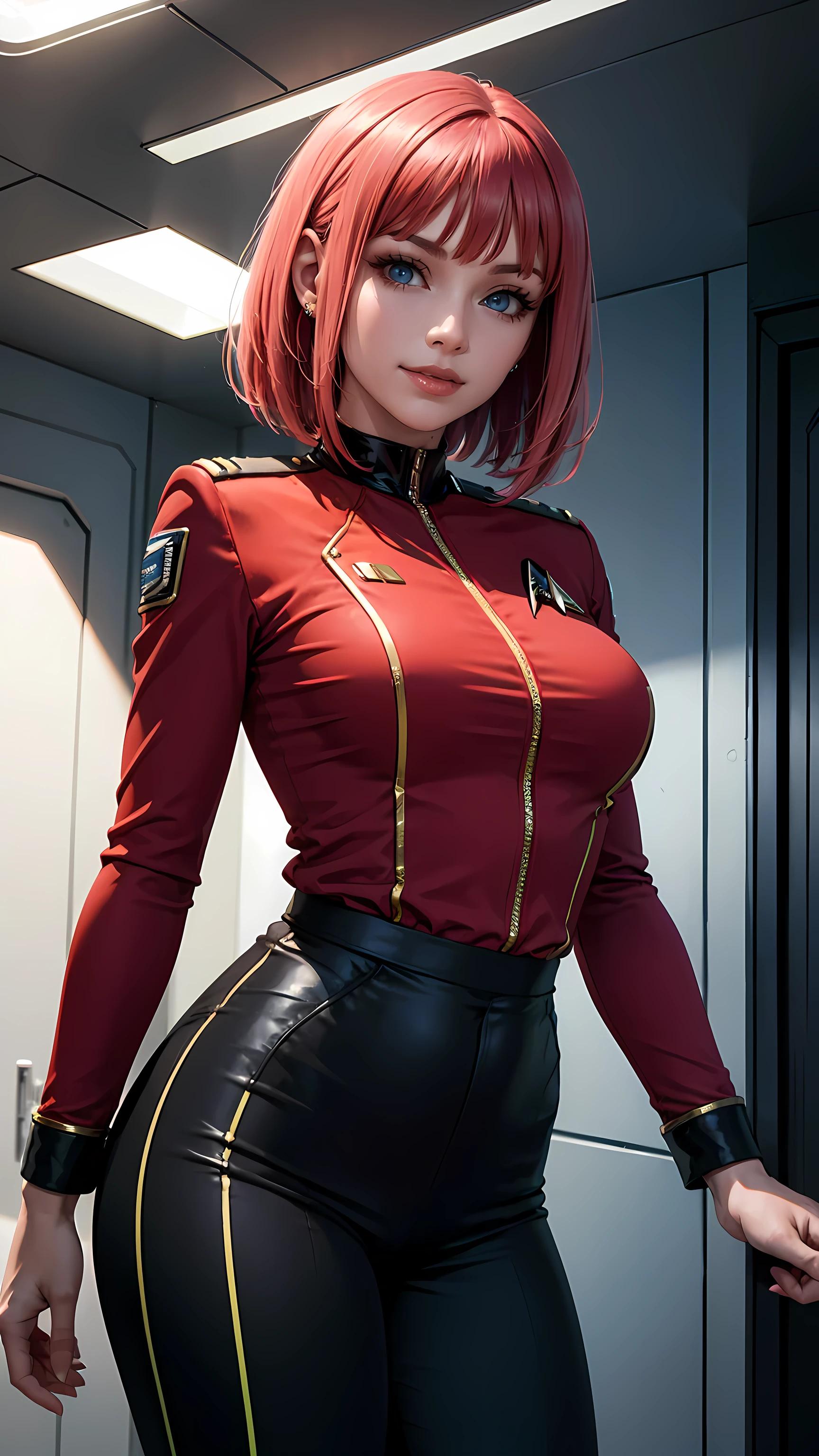 Beautiful short hair woman is shown to have a sexy figure, She is wearing classic star trek all red uniform, red shirt, black pants, jewelry, she has blue eyes, smile tease look, Girl standing on a command bridge of a starship, poseing, portrait, superior quality, many details, realistic