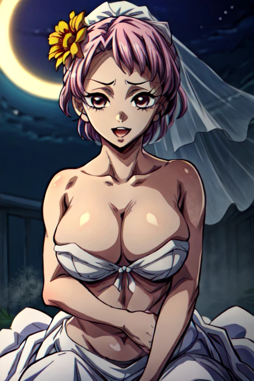 masterpiece, best quality, absurdres, perfect antomy, ((anime Illustrator)),best quality,highly detailed,detailed beautiful face,1girl,short hair,smile open mouth,large breasts,detailed skin,wedding dress,bare shoulders,stomach cutout,strapless,flower,moonlight,church,large breasts,huge breasts,sasagging breasts, satonaka chie, kimetsu no yaiba art style
