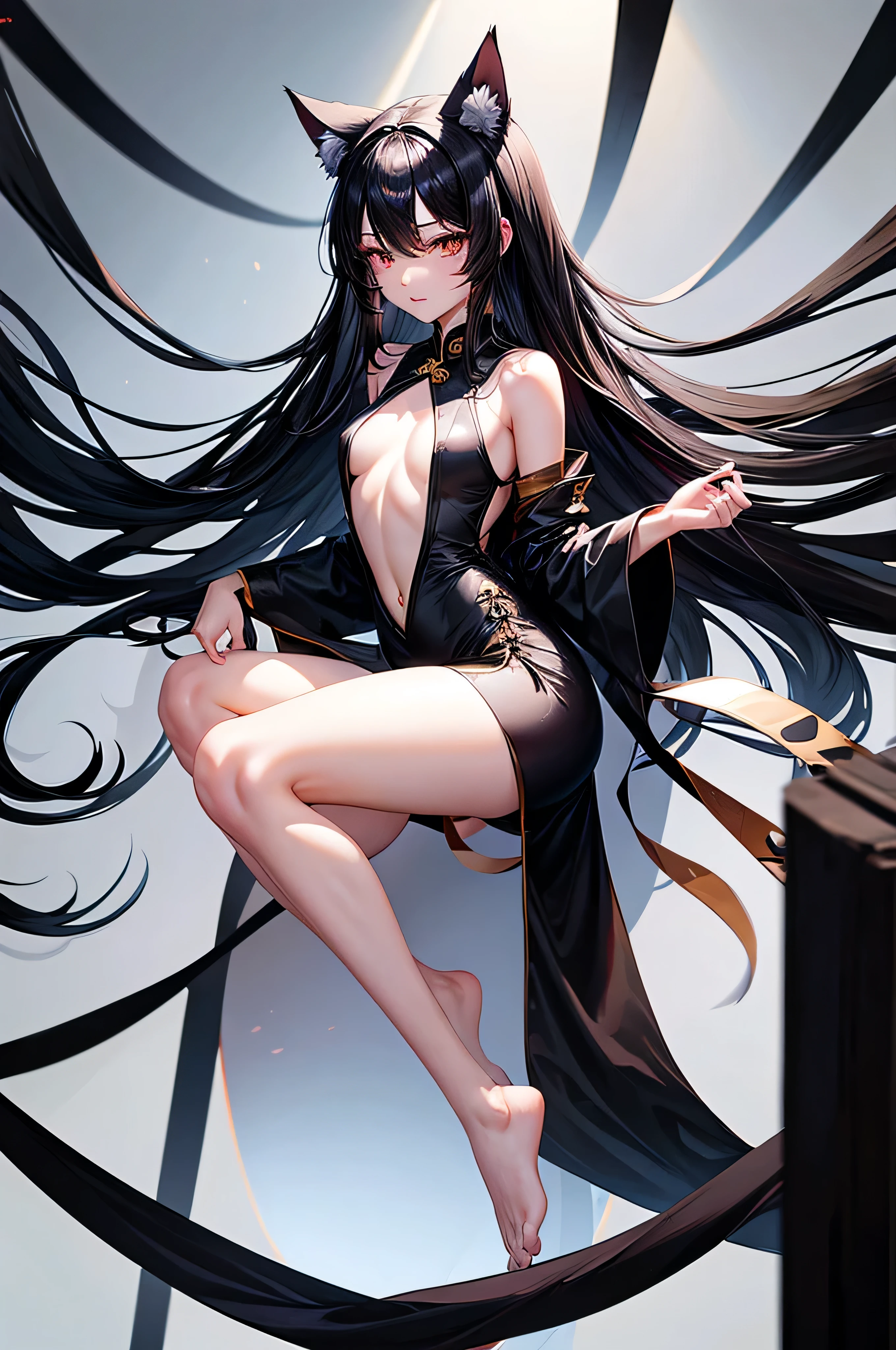 Long black hair, all-black full-body cheongsam, obvious eyeliner, small breasts, long legs, cat ears