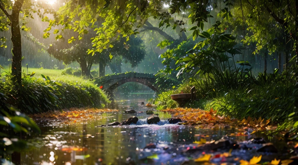 Photo of leaves and raindrops, Romantic landscape style, Canon EOS 5D Mark IV, Sunny Impressionism, Traditional Vietnamese, Sparkling water reflections, High-quality photos,