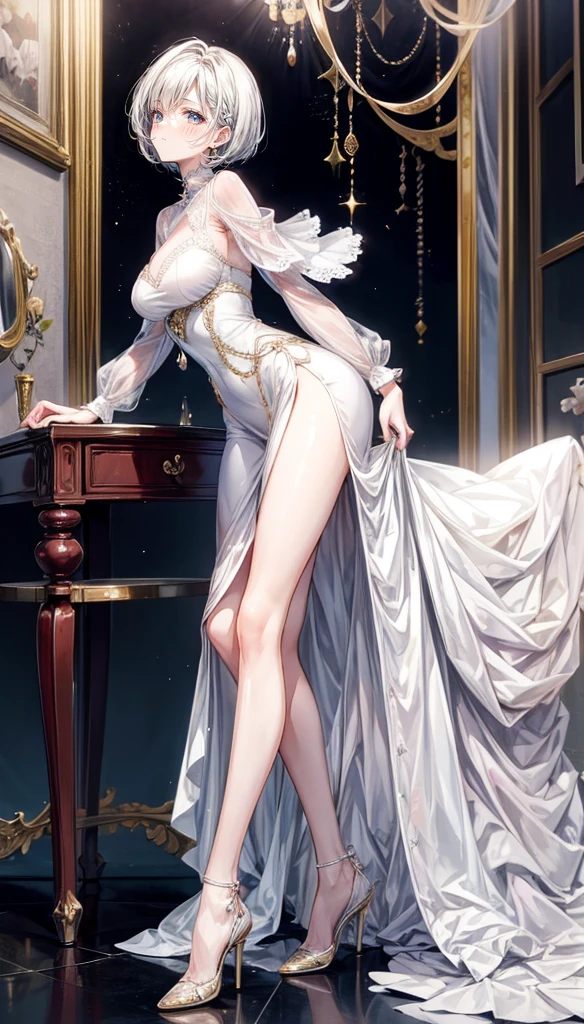 A mature woman,extra very short hair,a white long skirt,long face,Long face shape,Long face shape,high-heels