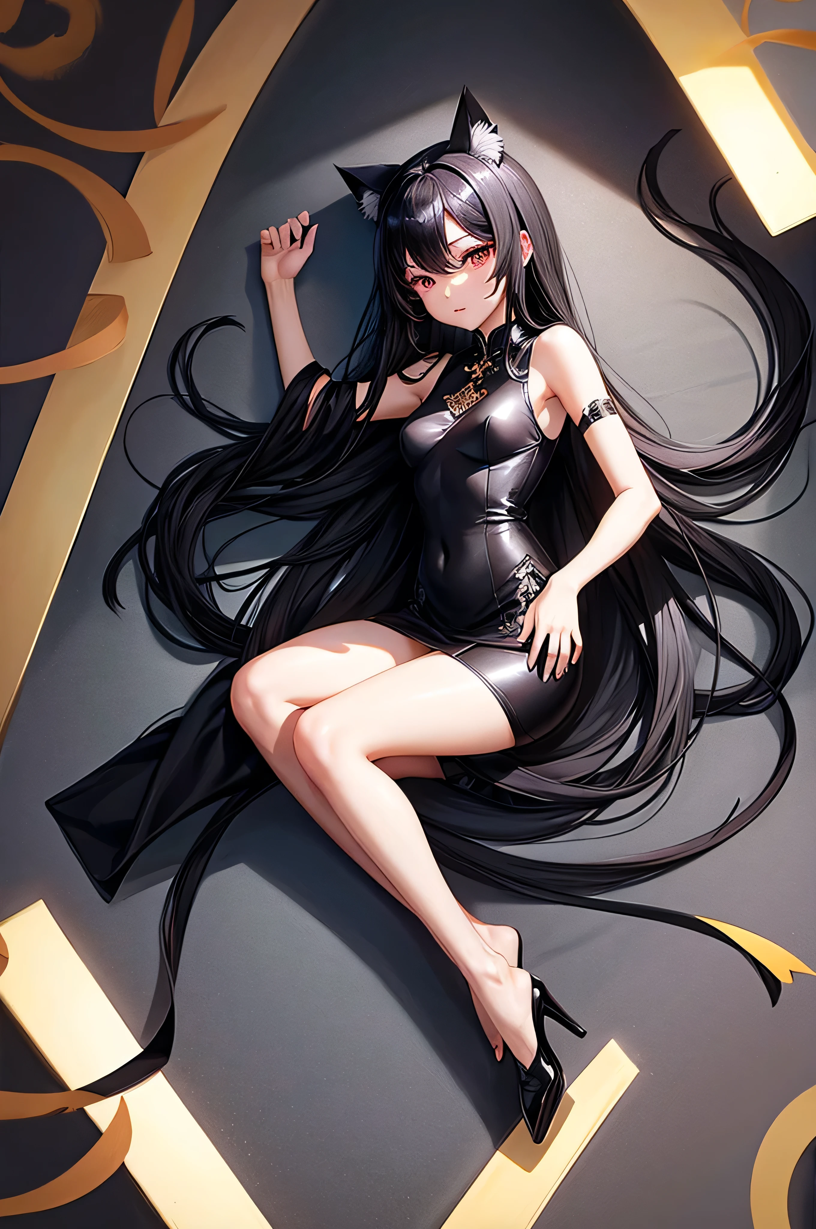 Long black hair, all-black full-body cheongsam, obvious eyeliner, small breasts, long legs, cat ears