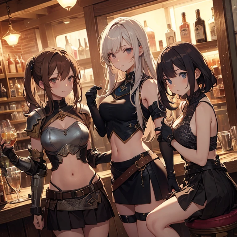 A group of female medieval fantasy adventurers, (in tavern), various hair styles, harem, night, details face, short skirt, seducing, sleeveless, armor, midriff