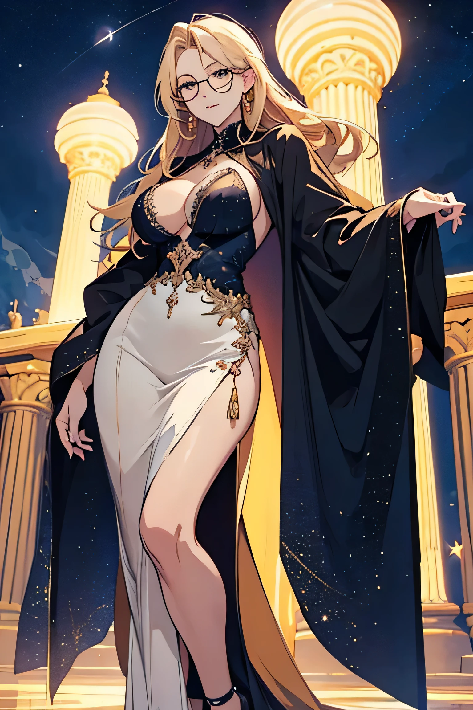 women_busty_blonde_hair, weaing_Glasses_and_gown, flirty_expression, full-body-potrait-mode, night-sky-with-stars