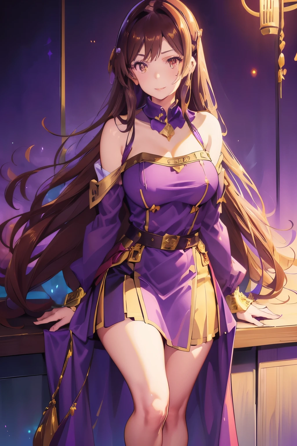 woman, long hair, brown hair, brown eyes, smiling, Mage purple hat(with golden details), strapless dress, cleavage, mage purple dress(with golden details), long cape, long purple socks, Zettai ryōiki ,purple gloves, belt, busty, wide hips, large thighs, anime style, purple boots((with golden details)), holding golden staff