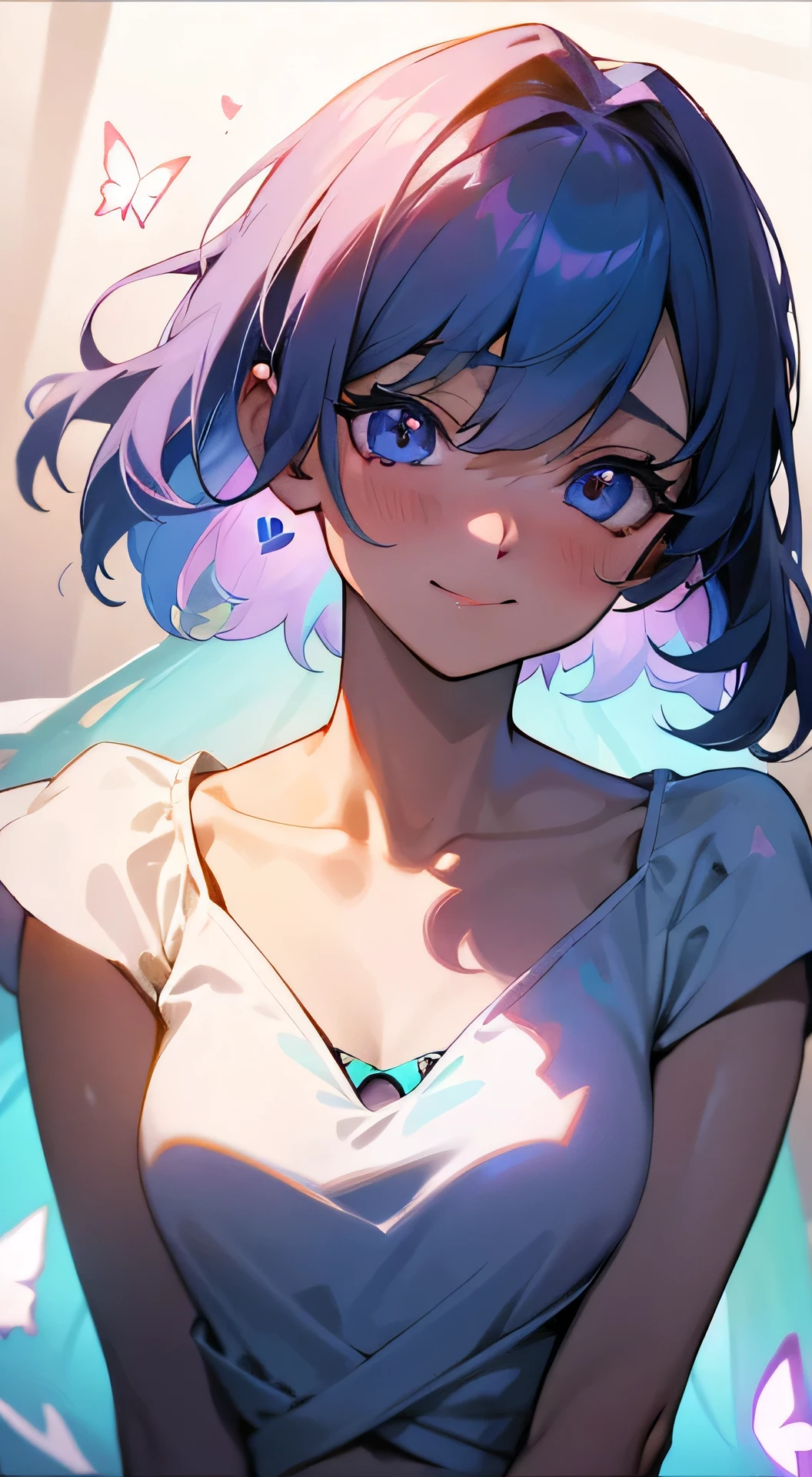 The upper part of the body_Body, from a_Above, zoom in on eyes, Bangs, hair between eye, Strapless, The collarbone is visible, Butterfly SurroundedFlowers fill the screen, Floating light spot, hearts in eyes, heart marks in the eyes, Seductive smile, embarrassed,Colorful in the eyes