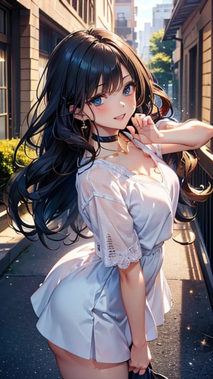 A girl is posing for a photo, cute女の子, Enchanting girl, 
(((UHD)), ((highest quality)), ((masterpiece)), (Very detailed), (High resolution), (Beautiful detailed sparkle), (High detail), (Anatomically correct)), ((Realistic)), ((The best CG)), Ultra-detailed art, CG illustration, 16k, 1080P, Oil paints:1.2,   

(((One Woman))), 
(Symmetrical facial features:1.4, Perfect Face), Beautiful clavicle, (Beautiful fingers), (Beautiful breasts, (Ｄcup)), 
Beautiful body, Beautiful thighs, Beautiful feet, Perfect round butt, (((Detailed skin, Oily skin, Textured skin, Beautiful Skin))), 

(((Baby Face, cute, 16 years old))), 
(Droopy eyes, Expression of fine eyes, Beautiful and delicate eyes, Sparkling eyes, Eye Reflexes, Dark blue eyes), 
(Beautiful Nose,Thin Nose), 
(Glossy Lips, Beautiful Lips, thick lips), 

(Beautiful Hair, Shiny Hair, Shiny Hair), Hair fluttering, (Black Hair, twin drills, Wavy Hair, Long Hair), 

(White blouse, Denim skirt), Earrings、Black choker、Gold Necklace、 Gold Bracelet、

(grin,Open your mouth、tongue out),  
BREAK 
(noon、(Western-style buildings, Courtyard of the mansion)), ((Aggressive Pose、Dynamic Pose, Upward glance, Cowboy Shot))
