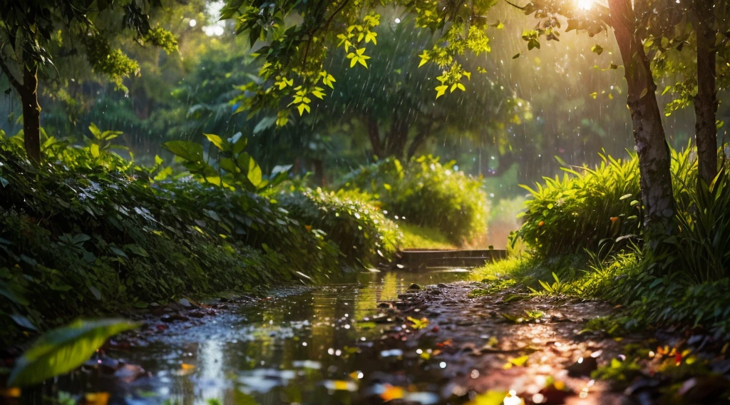 Photo of leaves and raindrops, Romantic landscape style, Canon EOS 5D Mark IV, Sunny Impressionism, Traditional Vietnamese, Sparkling water reflections, High-quality photos,