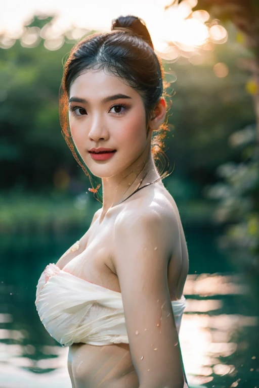 masterpiece, highest quality, HDR, high contrast,(Realistic photograph),((a beautiful blended of Japanese pretty actresses with Morena Baccarin look like face, 21 years old girl, confidence big smile, ((quite a bit body, topless)) ,Thai Female Warrior, bathing in a swiming pool at the forest, dynamic poses, Red and black strapless shirt, Long hair,black eyes,abdominal muscles,plumpy body, rounded breast, (medium breast:1.3), nice cleavage, Morning sunshine, look at the viewer, rain, (dynamic poses), bath posing, ((face details)), Double eyelids, reeds, (bokeh, backlighting), lens flare, shade, bloom, [[chromatic aberration]]
