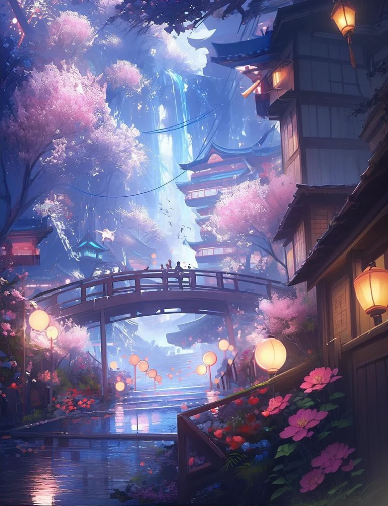 a painting of a bridge over a river with lanterns hanging from it, ross tran. scenic background, anime background art, background art, beautiful anime scene, beautiful concept art, 🌺 cgsociety, anime background, anime scenery concept art, traditional japanese concept art, dreamy chinese town, beautiful anime scenery, background artwork, anime landscape, anime beautiful peace scene
