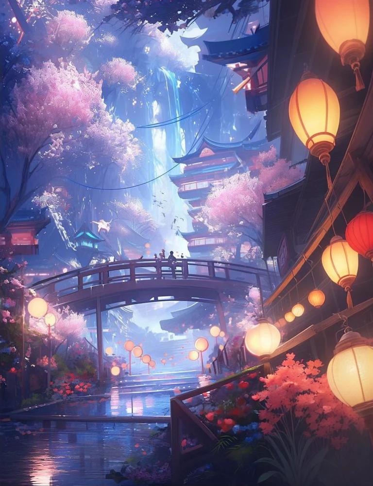 a painting of a bridge over a river with lanterns hanging from it, ross tran. scenic background, anime background art, background art, beautiful anime scene, beautiful concept art, 🌺 cgsociety, anime background, anime scenery concept art, traditional japanese concept art, dreamy chinese town, beautiful anime scenery, background artwork, anime landscape, anime beautiful peace scene