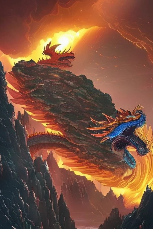 So sublime and divine々A beautiful golden dragon coiled up in the center of the screen, glaring at the camera.。金色のThe dragon is幸せをもたらす神なのでとても有難い存在である。The surrounding area is a canyon where no one can get close, and lightning is flashing in the background.、The sun is shining brightly。The dragon is、I want a realistic image。A man standing at the bottom of the canyon is worshipping the dragon with gratitude.。