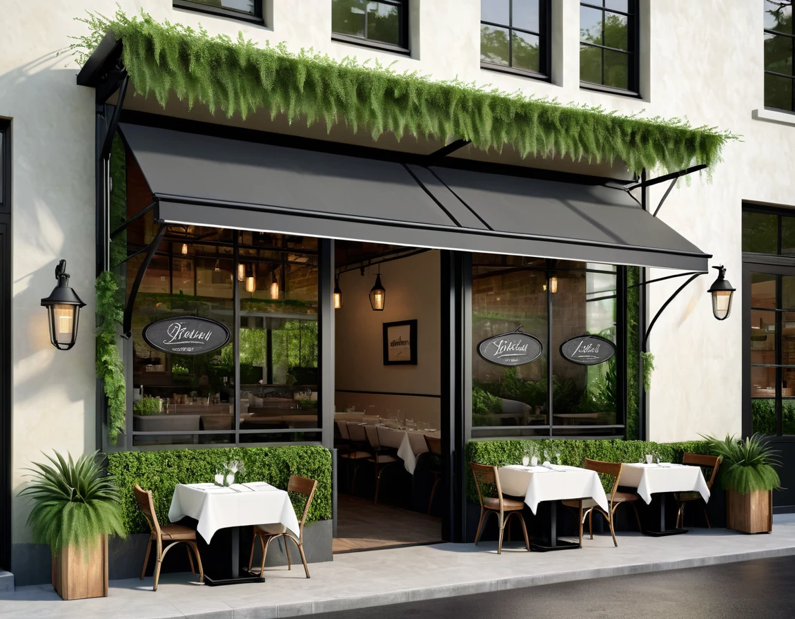  Photorealistic restaurant exterior. , warm and inviting. Glass facade with black iron frames offers glimpses inside. Pitched slate roof, hanging greenery softens edges. Wide awning over entrance with metal sign "[Restaurant Name]". Outdoor seating with bistro tables.