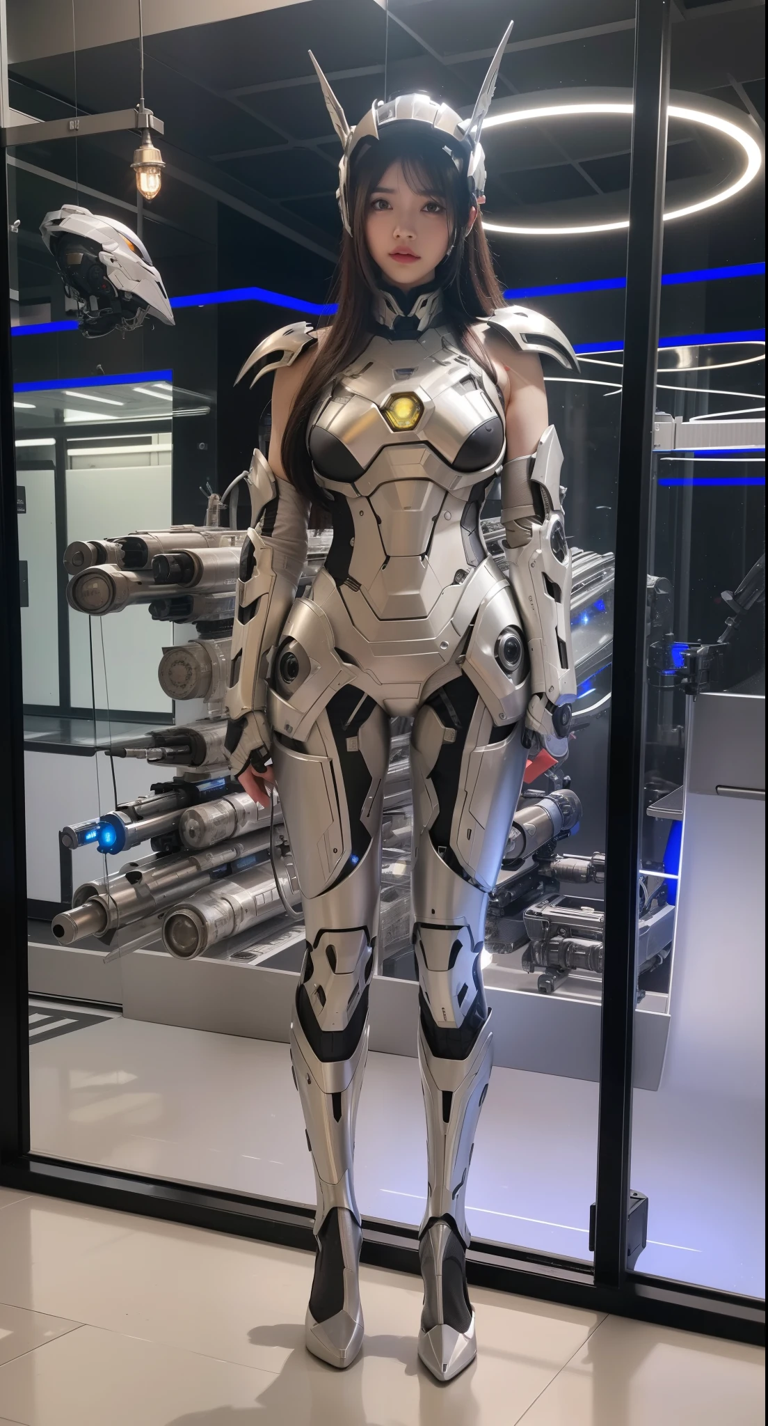 Futuristic high-tech style，best quality,Fairy Skin,(every time :1.2),eternal,Super detailed,Practical,high quality,Light,Light线追踪,Ultra HD,Upper Body, Future Iron Man Mech，shooting，Battery，Transmitter，Large caliber artillery，Rostlan 8K，Mecha Girl,Wearing a cyberpunk technology helmet，Warframe Helmet，With breathing Light，The armor of the future shines，Armed Cannon，High-tech armor，Steel Mechanical Armor，Wearing mechanic gloves