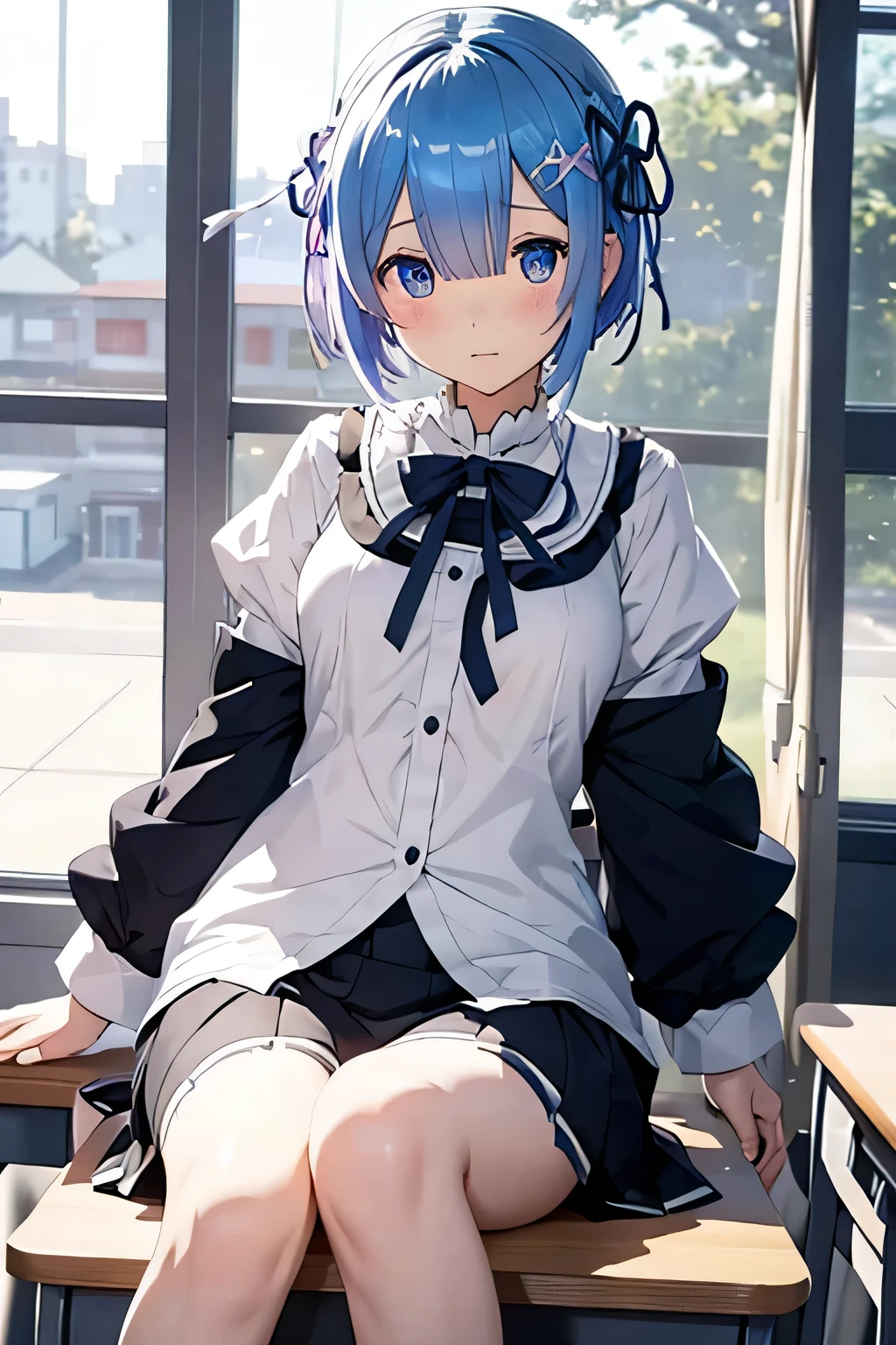 Rem from Re:ZERO -Starting Life in Another World-、 uniform、Embarrassed、Classroom at Dusk、Sit on the desk and spread your leg-shaped legs、I can see your panties, they&#39;re see-through