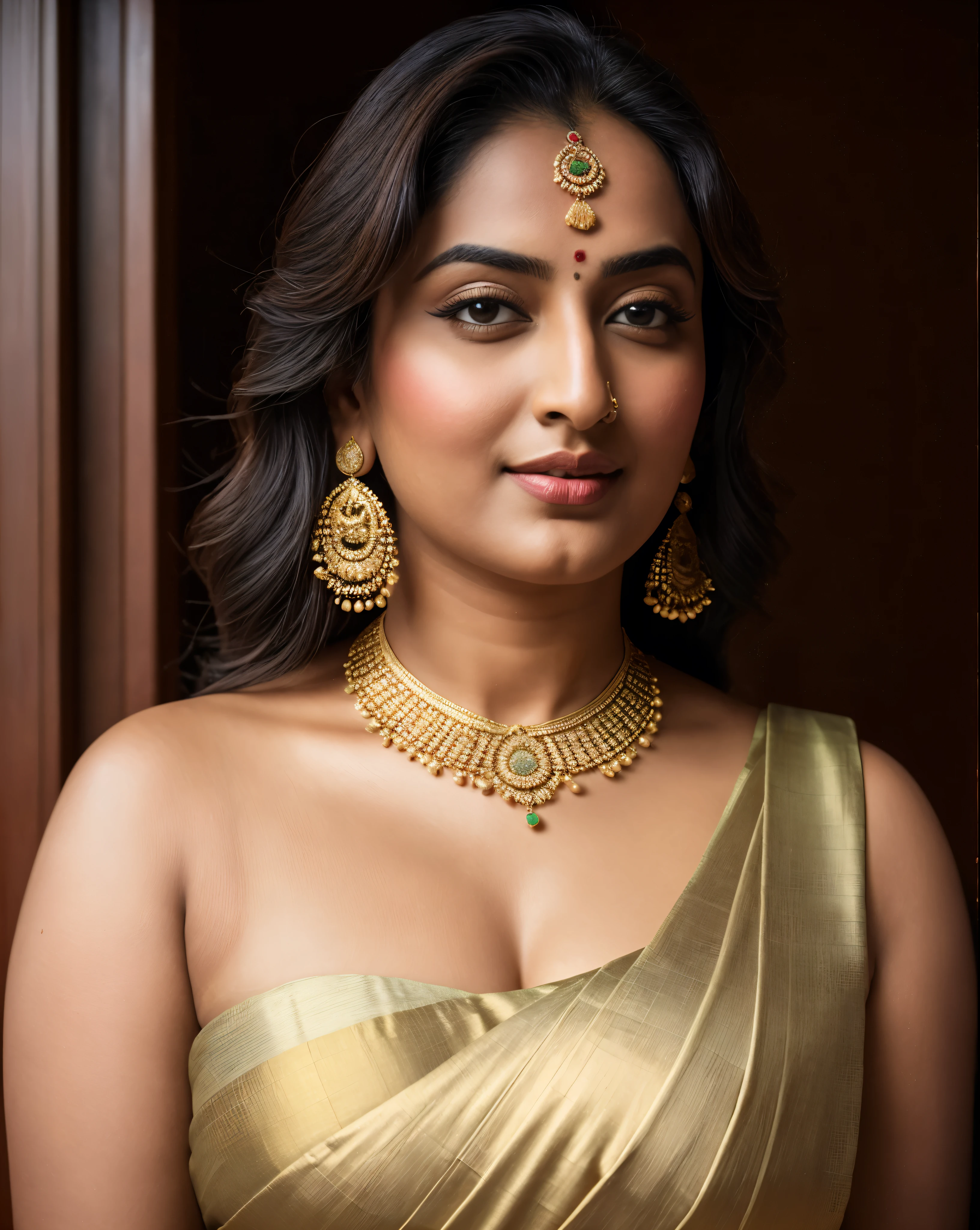 Foto RAW, photorealistic, photography, full body shot, master shot, perfect eyes, goddess like beauty, pierced eyes, perfect thick chubby mallu Desi aunty bhabhi, Wearing a Stanapatta, a chest-band.Saree model, model Photography, Indian saree shoot, Indian traditional wear advertising photography, traditional wear brand shoot, face of Indian actress Sonakshi Sinha, masterpiece, realistic, realism, incredible details,  pleasure, photorealism, detailed skin, skin pores, high contrast, photorealistic Artstation 8k HD digital art trend of high definition and detailed realistic skin texture, ultra detail, realistic skin texture, armature, best quality, ultra high definition, (photorealistic:1.4),, high resolution, detail, raw photo, sweat, Re sharp, by Lee Jefferies Nikon D850 Film Stock Photo 4 Kodak Portra 400 Camera F1.6 Lens Rich Color Ultra Real Realistic Realistic Textures Dramatic Lighting Unreal Engine Trending at Art Station Cinestill 800,(pele altamente detalhada: 1.2), 8k UHD, DSLR, soft-lighting, alta qualidade, grain of film, Fujifilm XT3,she didn't like to wear blouse or bra, she is happy to wear only saree, she hates blouse or bra, detailed hairy armpits, hyper realistic skin, skin pores, sweat, veins, 