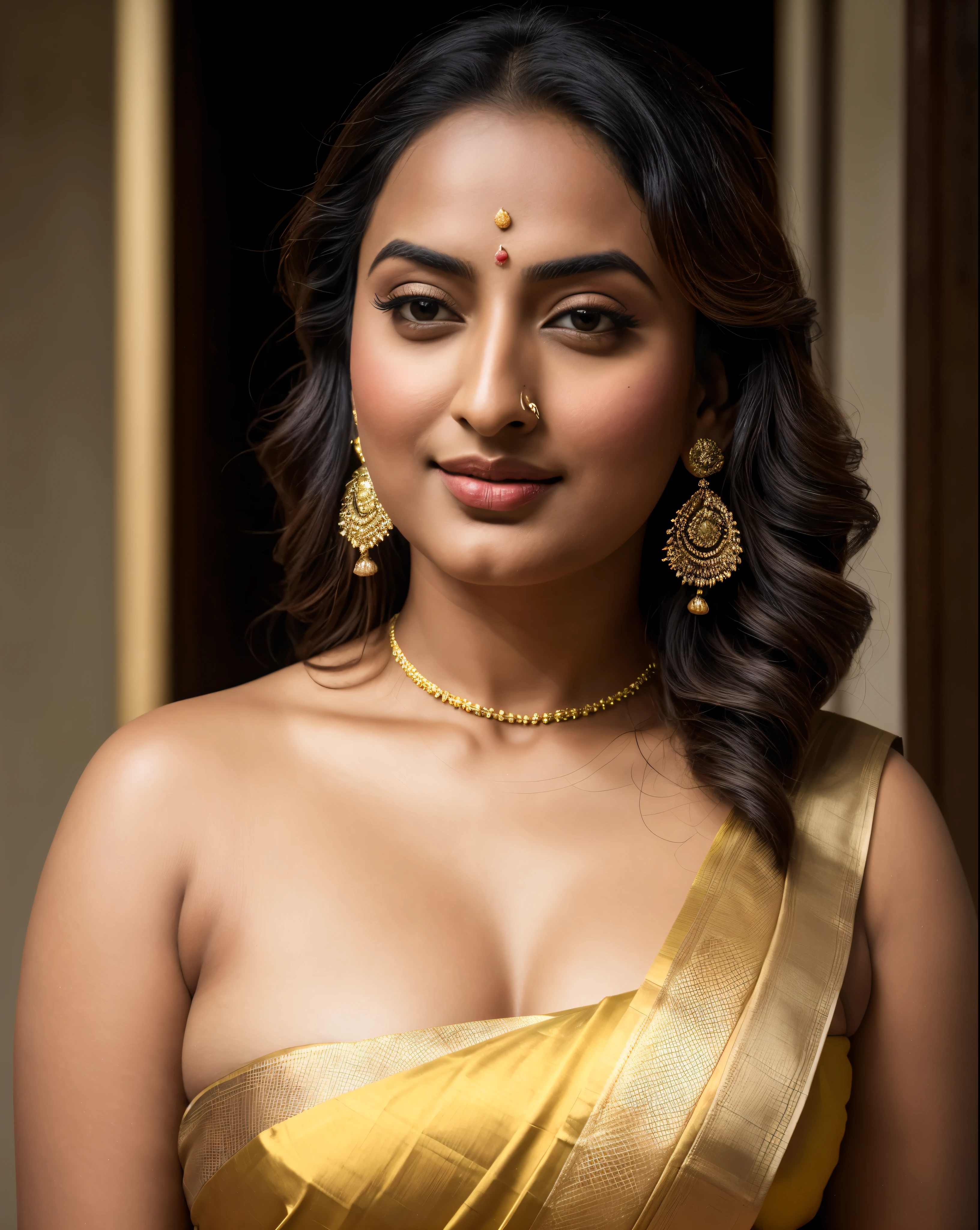 Foto RAW, photorealistic, photography, full body shot, master shot, perfect eyes, goddess like beauty, pierced eyes, perfect thick chubby mallu Desi aunty bhabhi, Wearing a Stanapatta, a chest-band.Saree model, model Photography, Indian saree shoot, Indian traditional wear advertising photography, traditional wear brand shoot, face of Indian actress Sonakshi Sinha, masterpiece, realistic, realism, incredible details, pleasure, photorealism, detailed skin, skin pores, high contrast, photorealistic Artstation 8k HD digital art trend of high definition and detailed realistic skin texture, ultra detail, realistic skin texture, armature, best quality, ultra high definition, (photorealistic:1.4),, high resolution, detail, raw photo, sweat, Re sharp, by Lee Jefferies Nikon D850 Film Stock Photo 4 Kodak Portra 400 Camera F1.6 Lens Rich Color Ultra Real Realistic Realistic Textures Dramatic Lighting Unreal Engine Trending at Art Station Cinestill 800,(pele altamente detalhada: 1.2), 8k UHD, DSLR, soft-lighting, alta qualidade, grain of film, Fujifilm XT3,she didn't like to wear blouse or bra, she is happy to wear only saree, she hates blouse or bra, detailed hairy armpits, hyper realistic skin, skin pores, sweat, veins,
