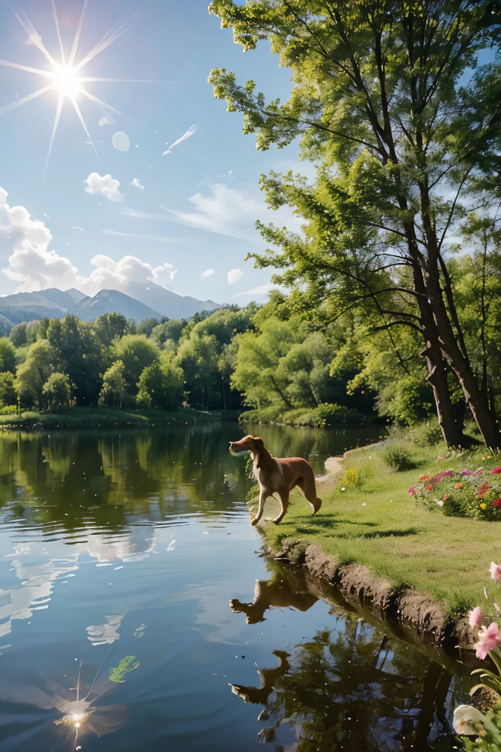 Create an image of a playing with a dog by a lake on a spring morning. Include a bright sun, colorful flowers, green trees, and a gentle breeze. The is laughing and running or throwing a ball, while the happy dog runs or jumps. Add reflections on the calm lake and a small wooden cabin in the background