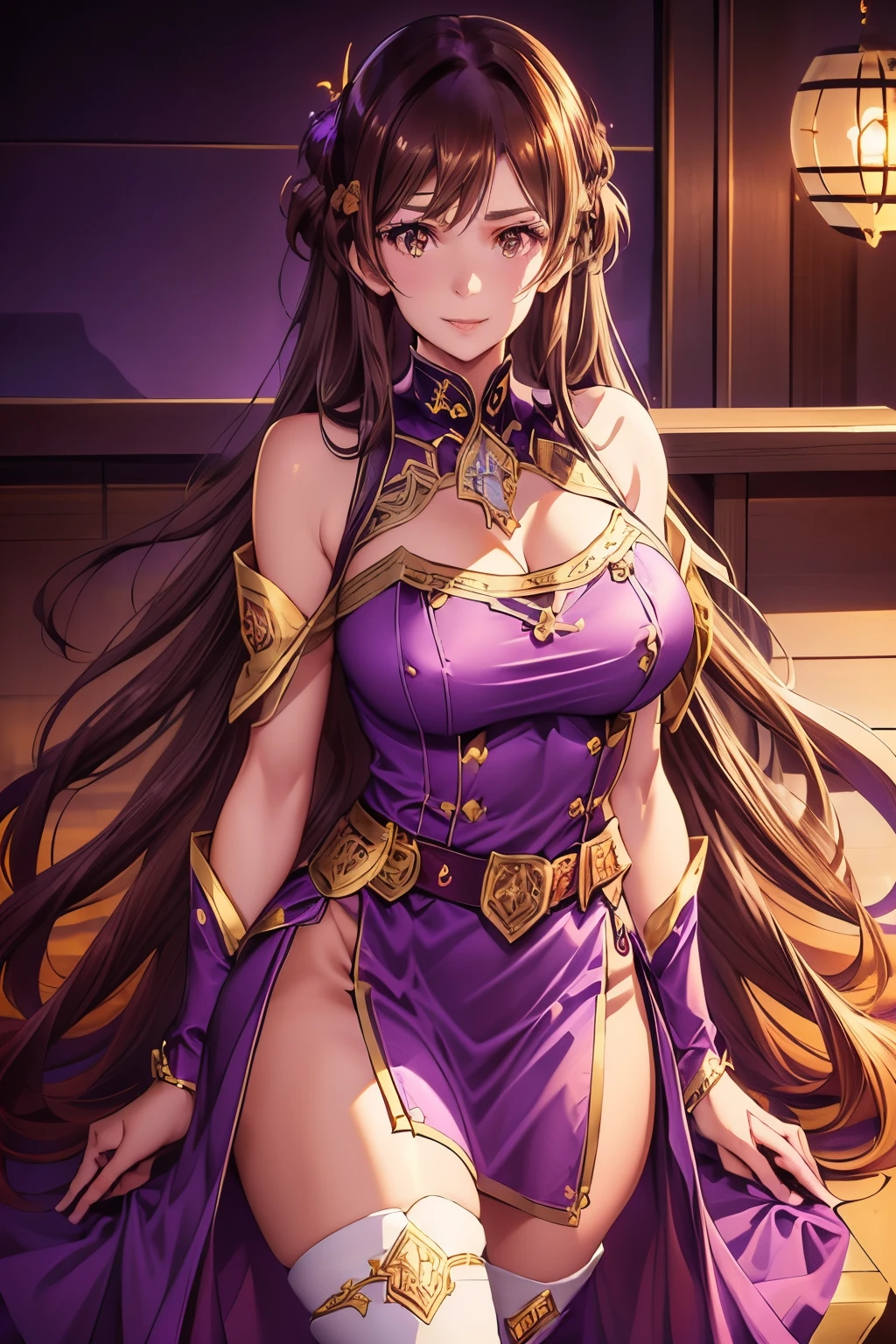 woman, long hair, brown hair, brown eyes, smiling, Mage purple hat(with golden details), strapless dress, cleavage, mage purple dress(with golden details), long cape, long purple socks, Zettai ryōiki ,purple gloves, belt, busty, wide hips, large thighs, anime style, purple boots((with golden details)), holding golden staff
