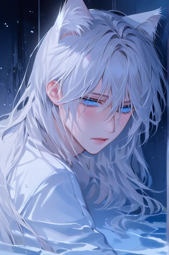 crying,aesthetic,extremely detailed,teary eyes,beautiful and delicate blue eyes,rosy cheeks,soaked lashes,emotional expression,intense sadness,dripping tears, a handsome boy,alone,has white cat ears,white long hair, messy hair,wearing white wet shirt, No bottom,hot spring, thermals, true-to-life textures,highly refined details,dramatic lighting,seamless blending of colors,vibrant hues,artistic composition,breathtaking realism,masterful craftsmanship,haunting handsome, stark contrast,luminous glow,shimmering highlights,subtle shadows,intimate close-up,precise contours,striking emotion,fluid brush movements,touching portrayal,painstaking attention to detail,aesthetically pleasing,heart-wrenching,deeply moving artistry-v6