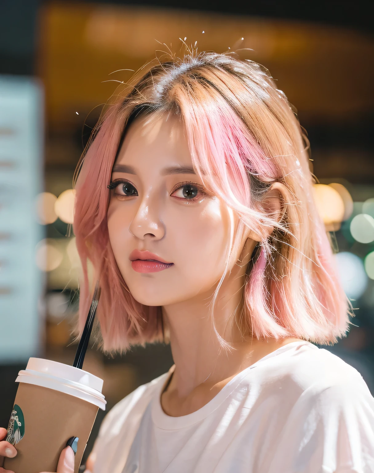 beautiful instagram model, pink hair, at the airport, holding starbucks coffee cup, wearing t-shirt and short skirt, detailed face, long eyelashes, detailed eyes, detailed lips, highly detailed, 8k, photorealistic, studio lighting, professional photography, warm color tone, natural lighting